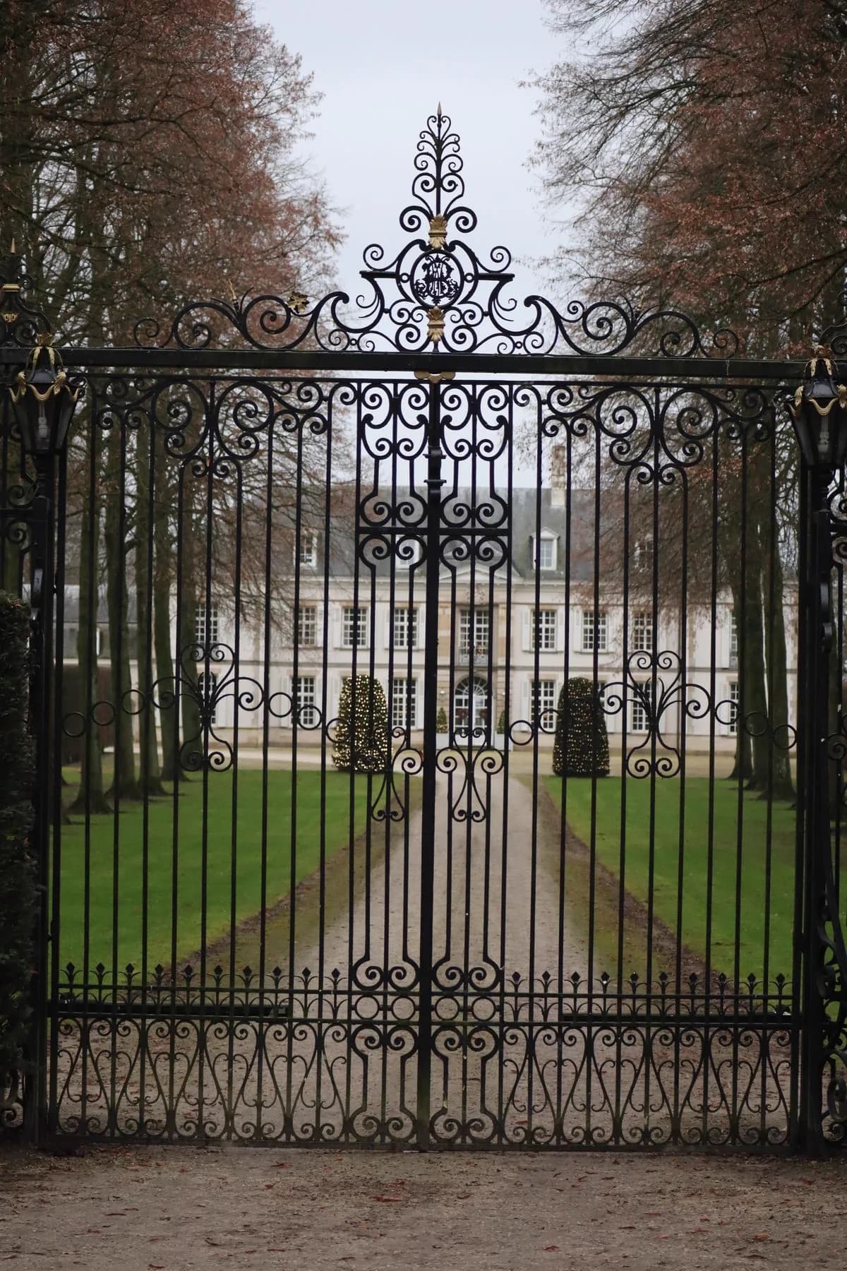 Iron driveway gate at a tree-lined property entrance